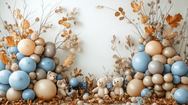 A beige, brown, and blue balloon arch creates a festive backdrop for a baptism or birthday party. The trendy autumn decor features dry leaves and bears, adding a touch of warmth and whimsy.
