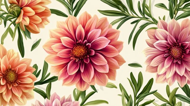 A vintage style seamless pattern featuring delicate dahlias and rosemary sprigs, perfect for adding a touch of elegance to any design project. This pattern evokes a sense of nature, beauty, and romanc