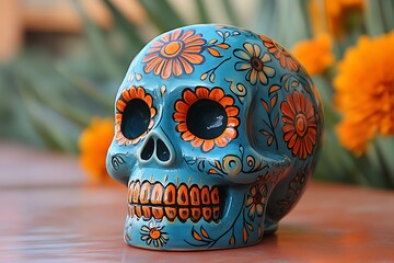 Blue Skull Adorned with Orange Flowers.
