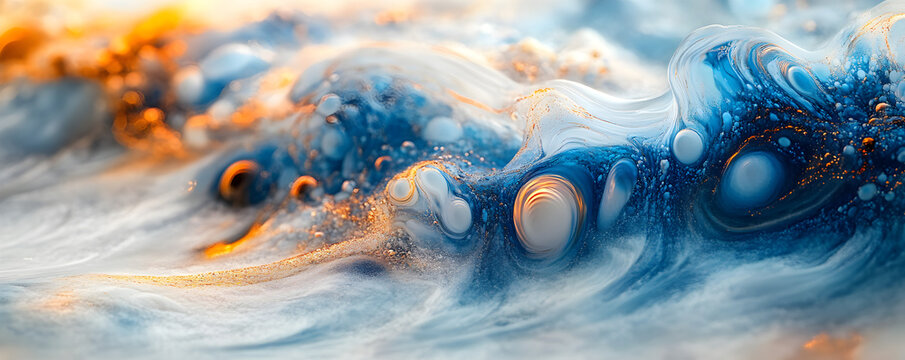 Abstract Liquid Marble Background - Dynamic Swirling Blue and Gold Marble Texture Banner