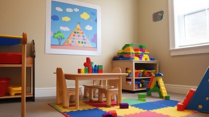 A colorful playroom with a kids' table, chair, and toys. The wall has a poster, toy blocks, a pyramid, and cloud decorations. The room has wooden furniture and toys for playing and learning.