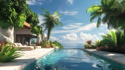 Fototapeta premium tropical paradise with a private villa nestled among lush greenery, featuring a sparkling pool and outdoor lounge area with stunning ocean views, ideal for a luxurious summer retreat, with clear copy
