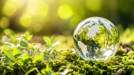 Glass Earth Globe on Green Moss in Nature