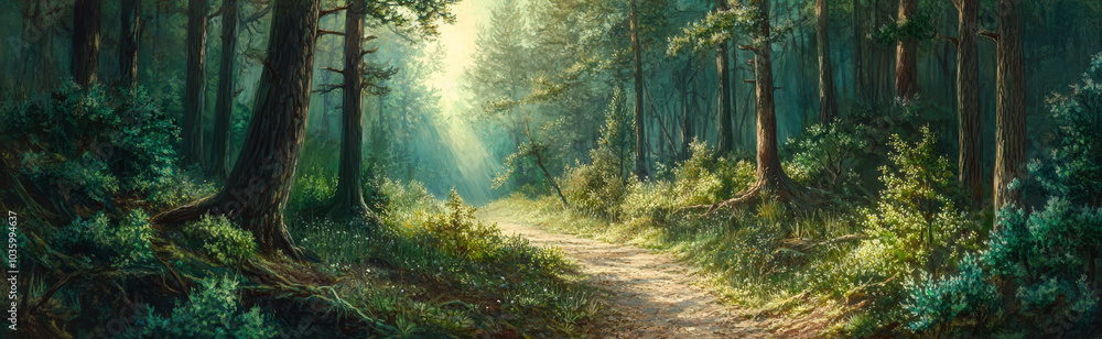 Poster a winding dirt path leads through a lush green forest, sunlight filtering through the trees creating