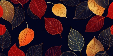  pattern of autumn leaves in red, orange, and gold on a navy blue background, creating an elegant design with a focus on the intricate details of each leaf Generative AI