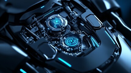 Futuristic Engine Design with Glowing Blue Accents in Cyberpunk Style