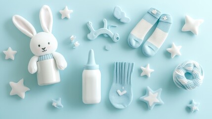 A cute baby gift set with a teether, bunny rattle, socks, milk bottle, and stars. The items are arranged on a light blue background, leaving space for your message.