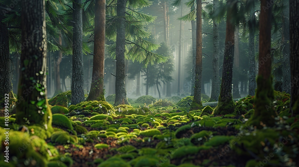 Poster dense forest with towering pine trees and a carpet of moss