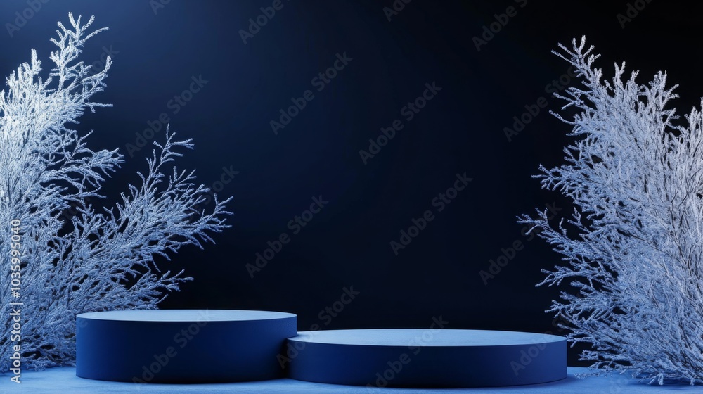 Fototapete Two circular platforms rest on a smooth surface, surrounded by frost-covered branches. The dark background enhances the wintry ambiance, creating an ideal setting for a seasonal presentation.