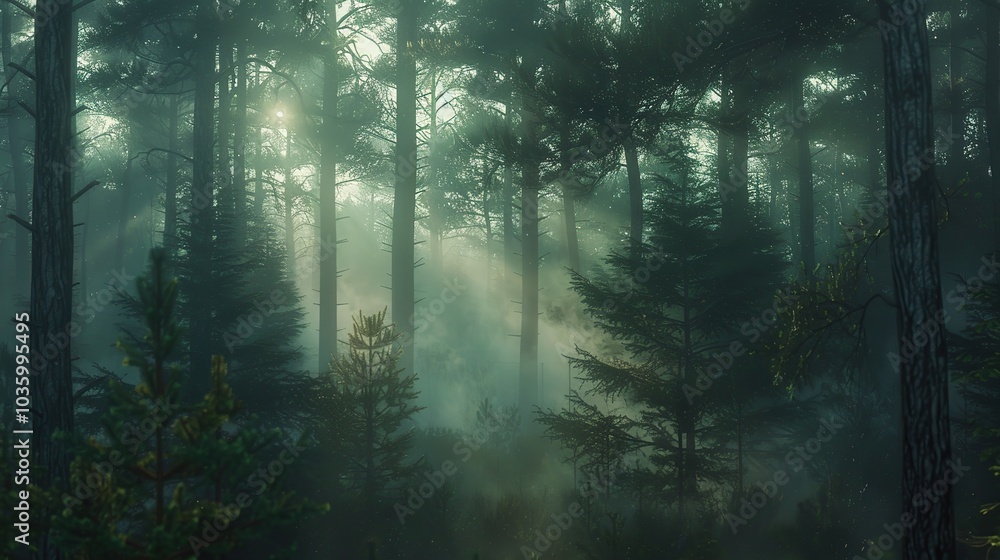 Aufkleber dense pine forest with a foggy atmosphere and sunlight filtering through the trees