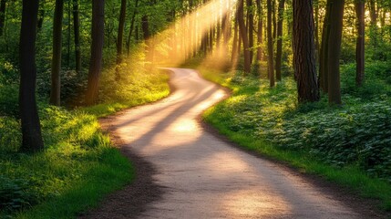 Fototapeta premium Sunbeams Through Trees on a Forest Path