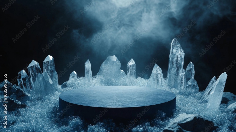 Poster a circular platform is set amidst a mystical arrangement of various clear crystals, partially obscur