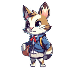 Cute cartoon cat in school uniform and backpack