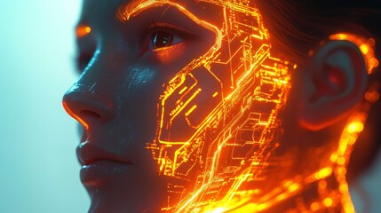 Futuristic Digital Face with Neon Circuits in Blue-Orange Glow