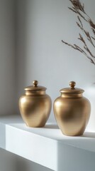 Two metallic bronze urns with lidded tops, positioned on a sleek white shelf. These cremation urns are used for holding ashes in memorial and funeral settings, 