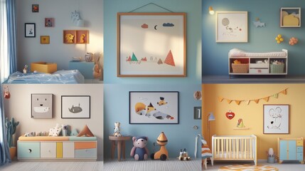 A poster frame is shown in different settings: a child's room, a nursery, and a kid's room. The image is a 3D design.