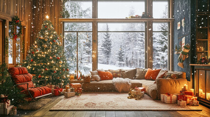 Cozy Christmas living room with panoramic windows and a sparkling tree amidst falling snow