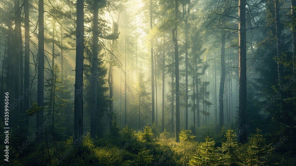 Poster dense pine forest with a foggy atmosphere and sunlight filtering through the trees