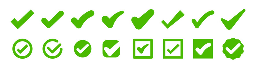 Green checkmark symbols. Check mark icons. Right, correct vote choise. Buttons for apps and websites. Vector isolated on white background