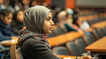 Focused student in lecture hall attending educational seminar, World Hijab Day
