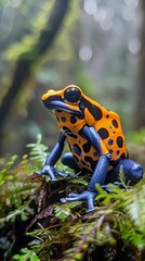 Fototapeta premium Orange and Blue Poison Dart Frog in Rainforest Habitat