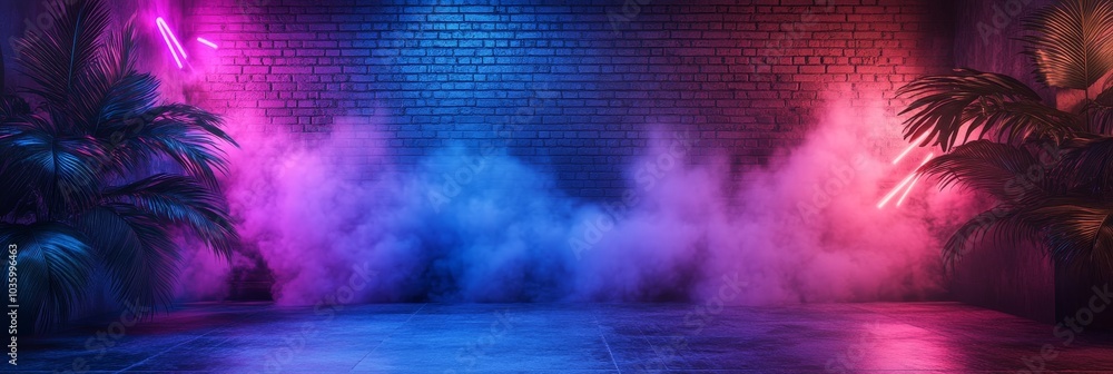 Poster an empty room with brick walls illuminated by neon lights and smoke, creating a dramatic and atmosph