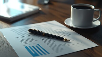A close-up of a pen, financial documents, and a coffee cup, showcasing a workspace for analytics and business planning.