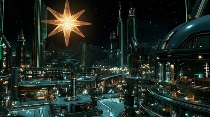 A cityscape with a large star in the sky