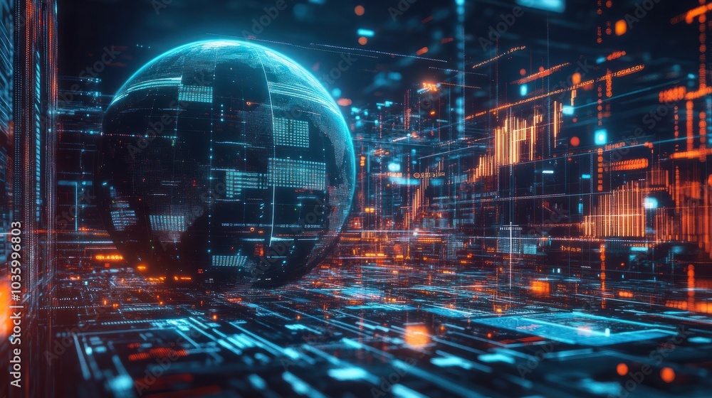 Poster a digital representation of the earth surrounded by data visuals and graphs in a futuristic financia