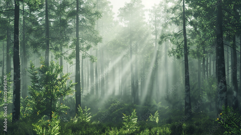 Poster dense pine forest with a foggy atmosphere and sunlight filtering through the trees