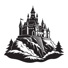 Fototapeta premium Wind Castle on a hill silhouette vector black color white background
