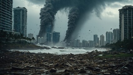Obraz premium Huge waves from storm devastate beachfront skyscrapers, illustrating coastal building destruction