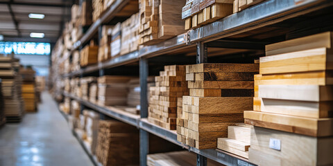 Obraz premium Stacks of wooden planks are neatly arranged on shelves in spacious warehouse, showcasing variety of building materials. well organized setting highlights diversity of wood types available