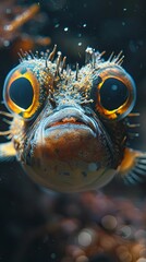 A pufferfish glides over a coral reef, highlighting its round face and distinctive markings in a vibrant underwater scene.
