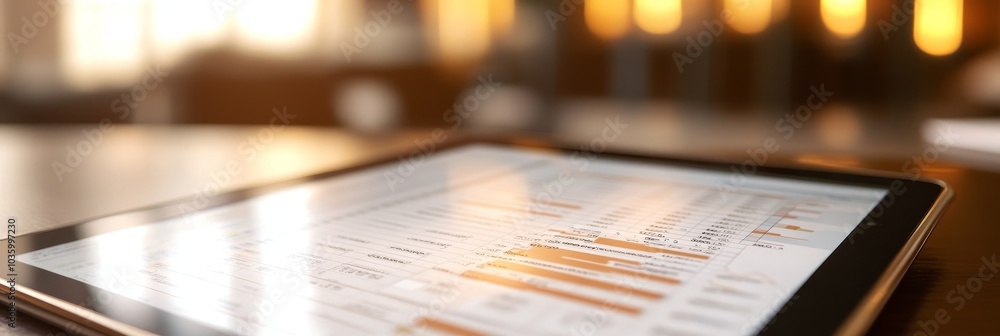 Poster close-up of a tablet displaying a financial spreadsheet. the tablet is resting on a desk in a modern