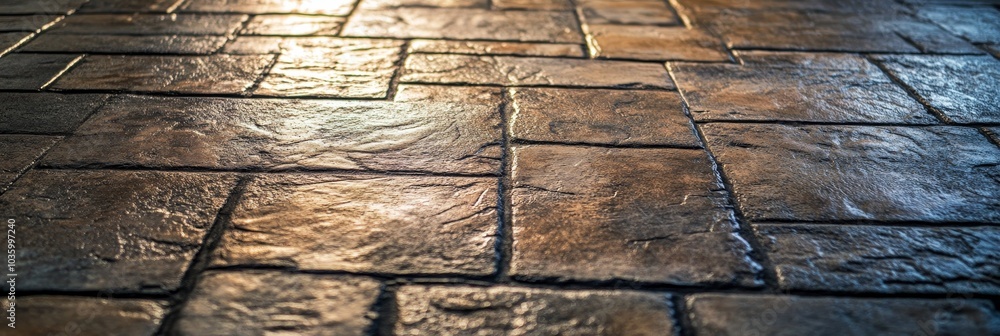 Poster close-up of a natural stone tile floor with a textured surface, the tiles are arranged in a pattern,