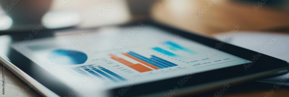 Poster close-up of a tablet screen displaying graphs and charts, illustrating financial data analysis, busi