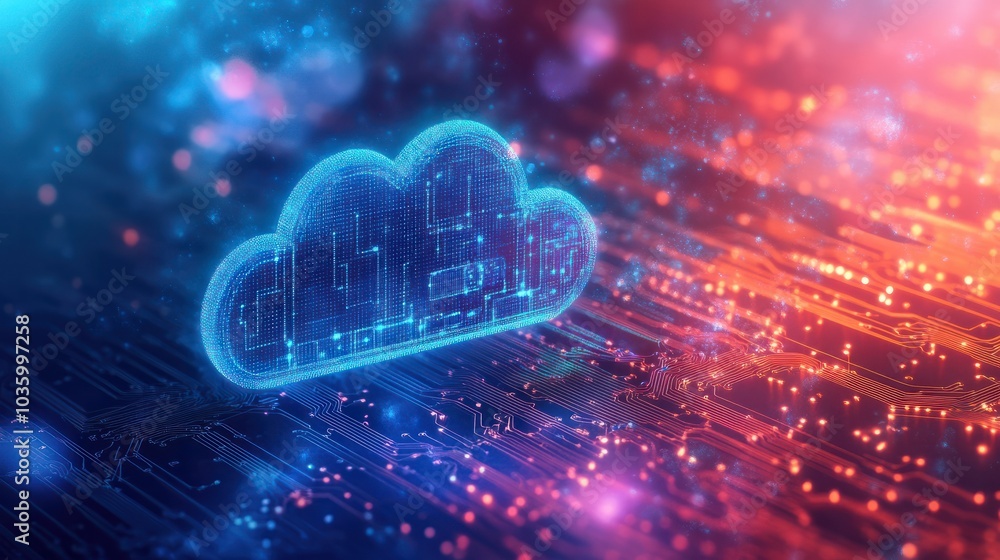 Poster a glowing digital cloud icon hovers above intricate circuitry, symbolizing cloud computing and data 