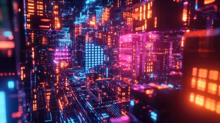 Fototapeta premium A futuristic cityscape at dusk with neon lights illuminating a complex network of nodes and connections, representing the vast scope of big data analytics.