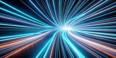 Digital Abstract Neon Lines Converging into a Tunnel, 3D Render, Blue, White, Orange, Abstract, Technology
