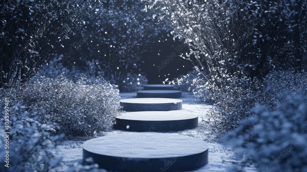 Poster a winding pathway lined with circular stone steps creates a tranquil winter atmosphere. snow gently 