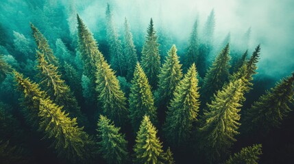 Fototapeta premium Aerial View of Misty Evergreen Forest