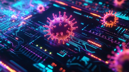 Cyber Virus: A 3D Flat Lay of Digital Infection,  a visually striking illustration of a computer's circuit board with a 3D virus.  The image symbolizes danger, vulnerability, technology, disease, and 