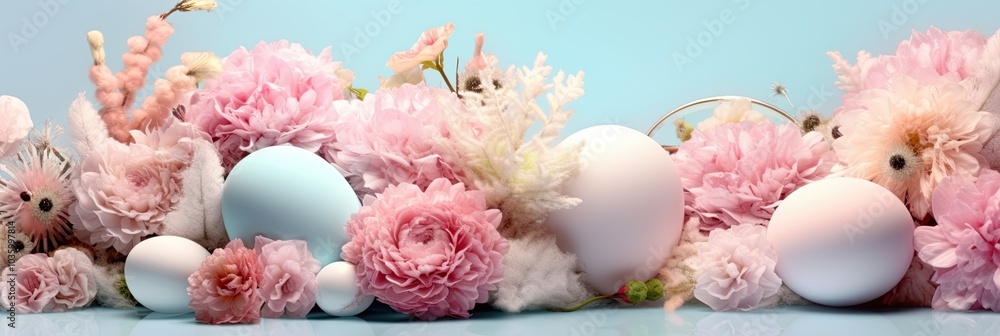 Poster a charming display features pastel-colored eggs amidst soft pink flowers, creating a festive centerp