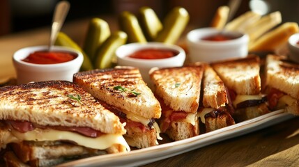 A delightful grilled cheese sandwich platter with gourmet fillings like brie, fig jam, and prosciutto