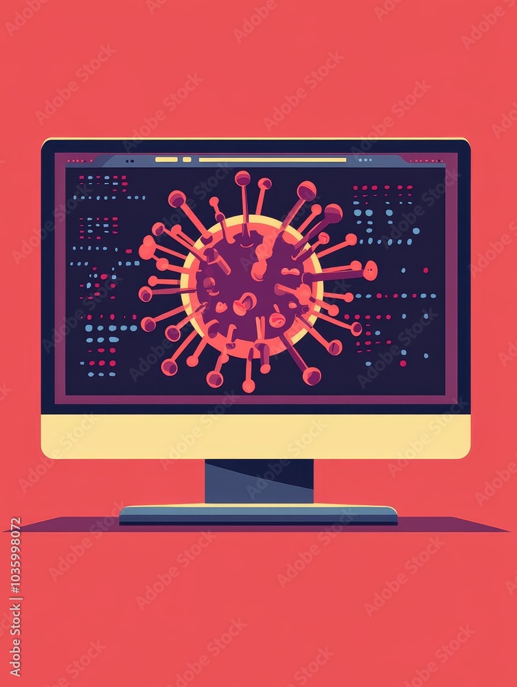 Poster flat design illustration of a computer screen displaying a large coronavirus, symbolizing the impact