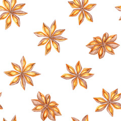 Star anise in shades of brown and orange. Watercolor seamless pattern. Spice fabric clipart is perfect for textiles, wallpaper, and packaging designs, especially for food or holiday-themed products