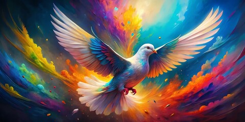 Fototapeta premium Dove in Flight - Digital Painting with Abstract Colorful Background, peace, dove, abstract art