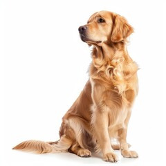 Obraz premium Golden retriever dog sitting and looking up while posing on a white background