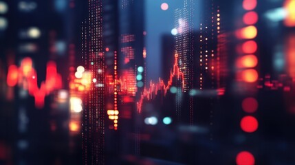 Abstract glowing big data forex candlestick chart on blurry city backdrop. Trade, technology, investment and analysis concept